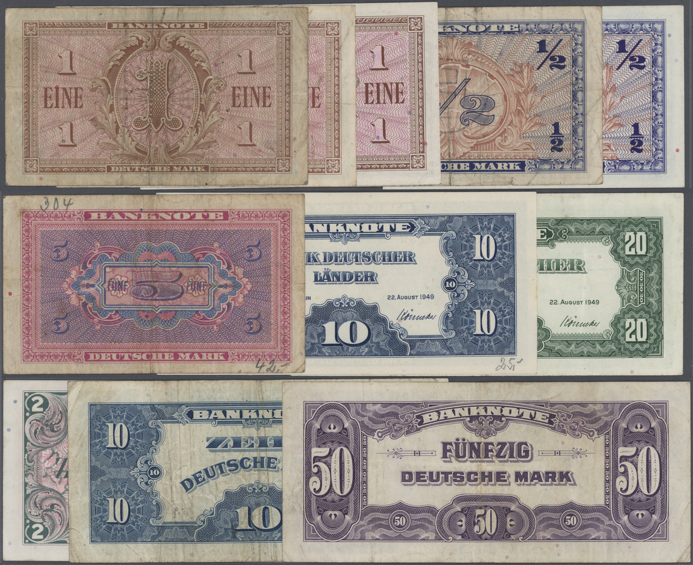 04023 Deutschland - Bank Deutscher Länder + Bundesrepublik Deutschland: Lot Mit 12 Banknoten, Dabei 1/2 DM 1948 Und 1/2 - Autres & Non Classés