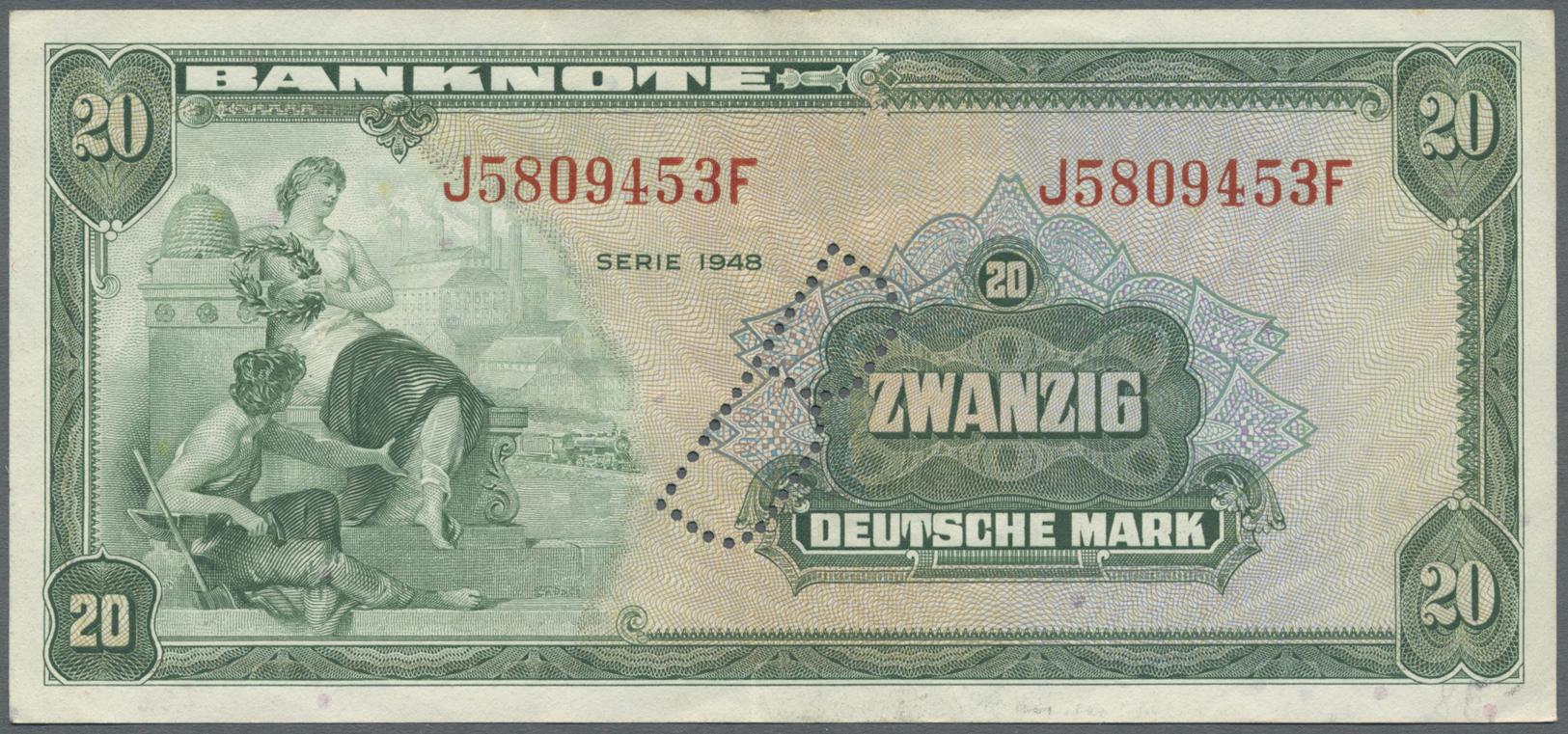 04026 Deutschland - Bank Deutscher Länder + Bundesrepublik Deutschland: 20 DM 1948 Mit Perforation "B", Ro.241a, Senkrec - Autres & Non Classés