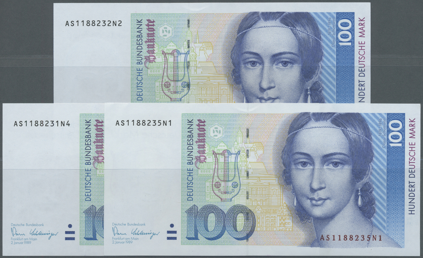 04045 Deutschland - Bank Deutscher Länder + Bundesrepublik Deutschland: Kleines Set Mit 3 Banknoten Zu 100 DM 1989, Ro.2 - Autres & Non Classés