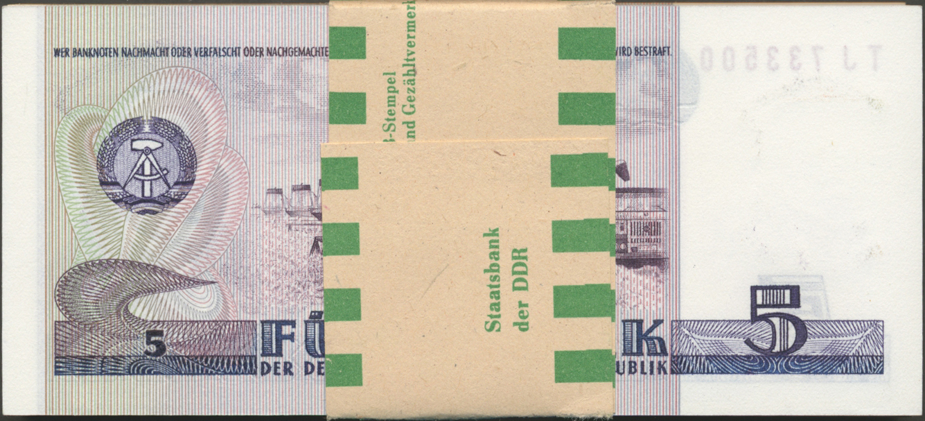 04057 Deutschland - DDR: Komplettes Fortlaufend Nummeriertes Bündel 100 Stück 5 Mark 1975 Ro. 361 In Erhaltung: UNC. (10 - Autres & Non Classés