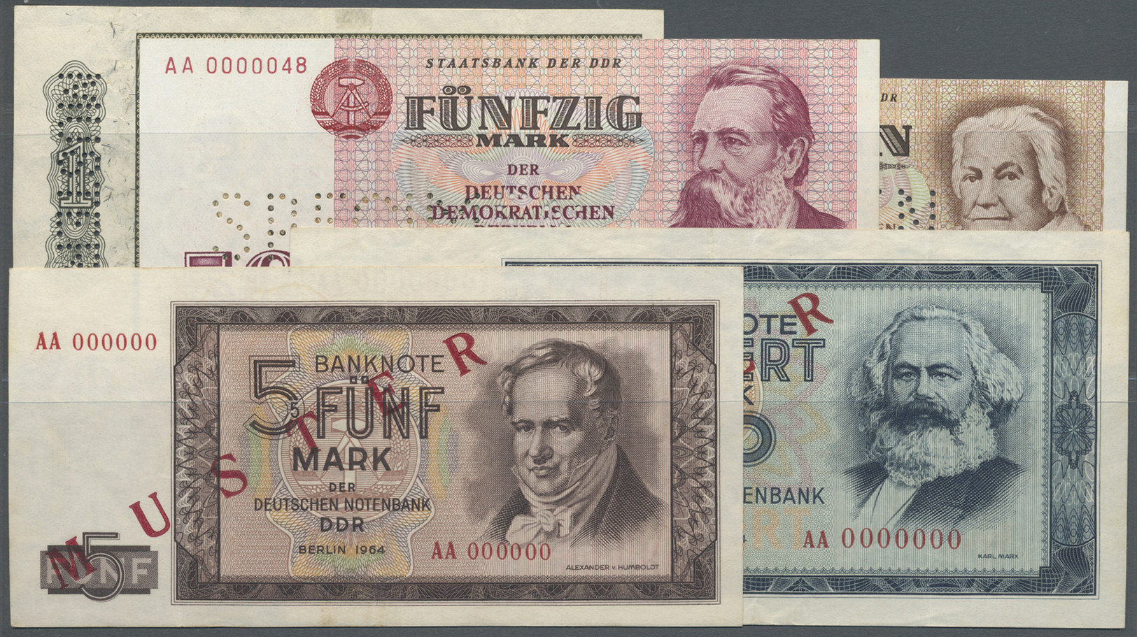 04058 Deutschland - DDR: Set Von 5 Verschiedenen Banknoten, 10 Mark 1971 Specimen AA000047, 50 Mark 1971 Specimen AA0000 - Autres & Non Classés