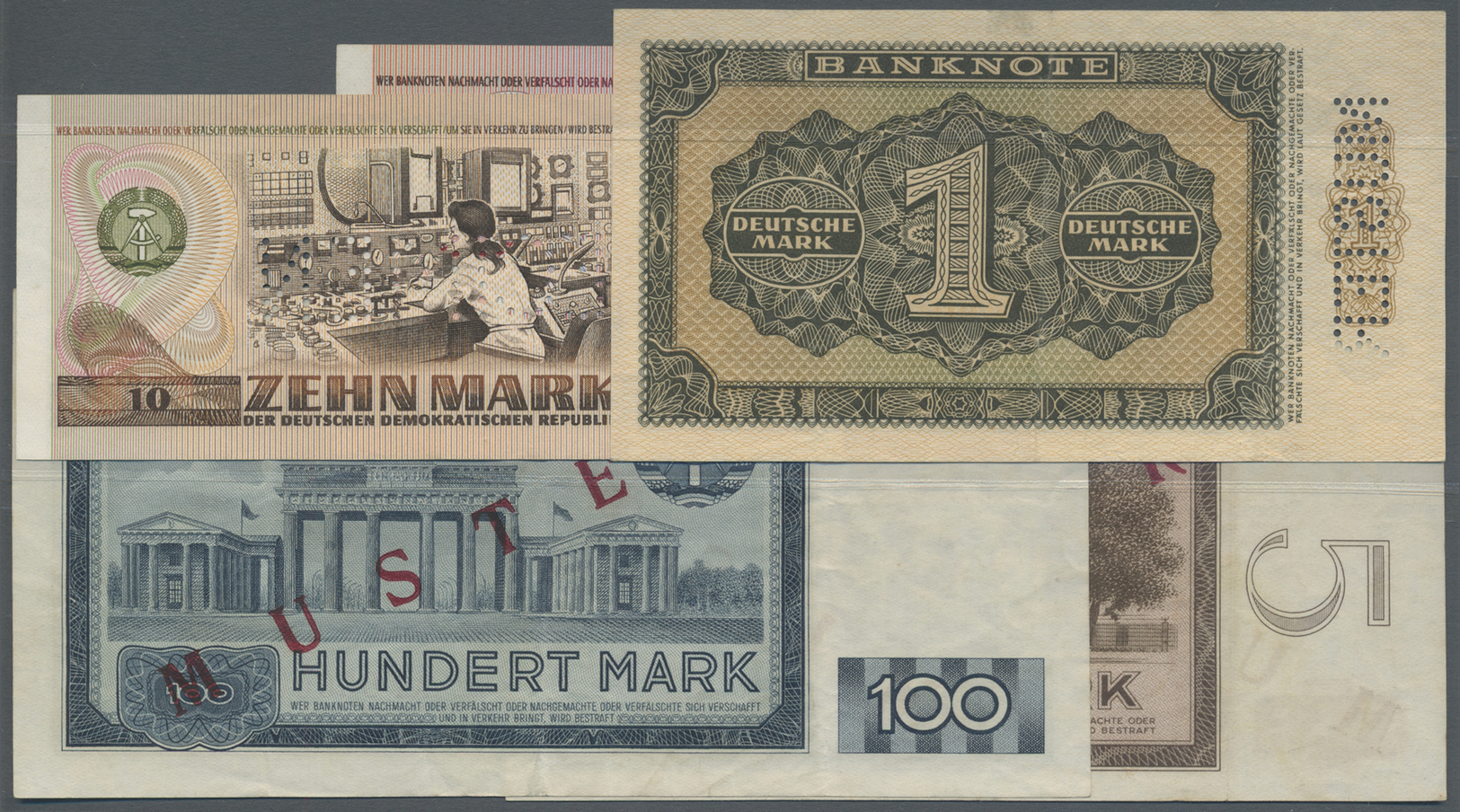 04058 Deutschland - DDR: Set Von 5 Verschiedenen Banknoten, 10 Mark 1971 Specimen AA000047, 50 Mark 1971 Specimen AA0000 - Autres & Non Classés