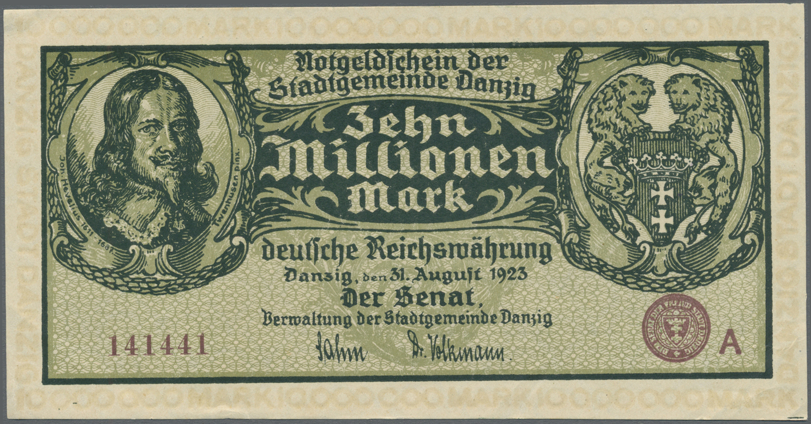 04062 Deutschland - Nebengebiete Deutsches Reich: Danzig 10.000.000 Mark 1923 P. 25a, In Erhaltung: XF. - Autres & Non Classés