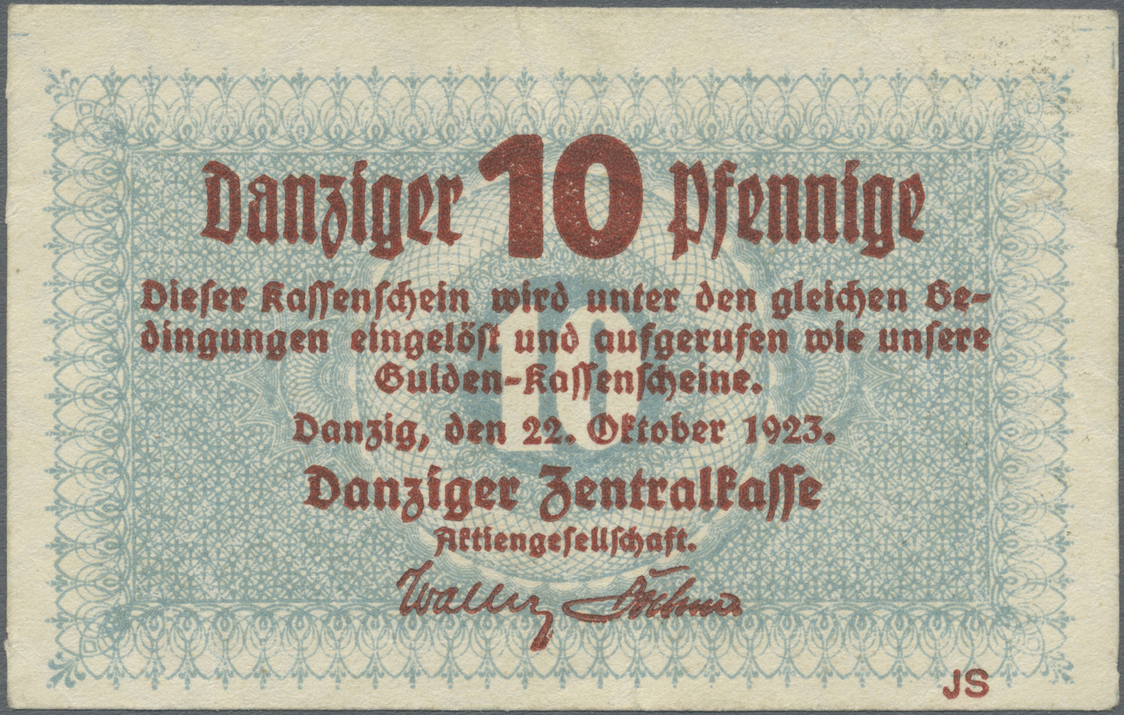 04066 Deutschland - Nebengebiete Deutsches Reich: Danzig 10 Pfennige 1923 P. 35a, Verschiedene Falten Im Papier, Keine R - Autres & Non Classés