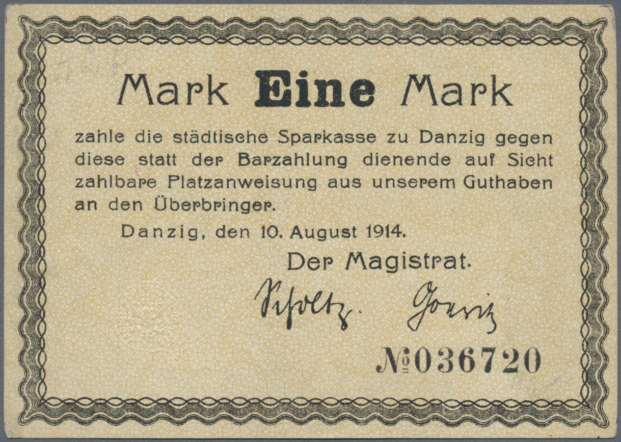 04069 Deutschland - Nebengebiete Deutsches Reich: 1 Mark Magistrat Der Stadt Danzig 1914, Ro.781b, Leichte Verschmutzung - Autres & Non Classés