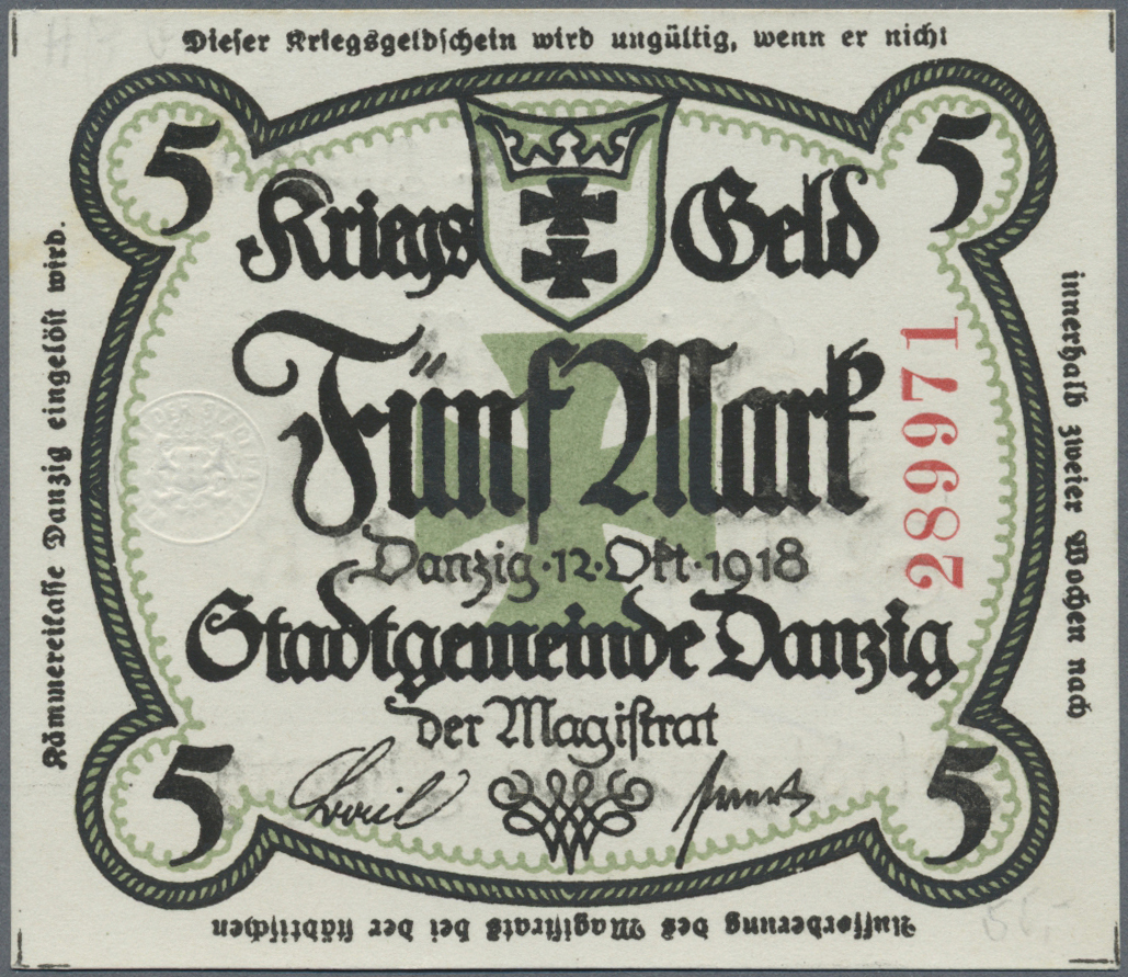 04072 Deutschland - Nebengebiete Deutsches Reich: 5 Mark Kriegsgeld Der Stadt Danzig 1918, Ro.786a, Oben Links Und Unten - Other & Unclassified