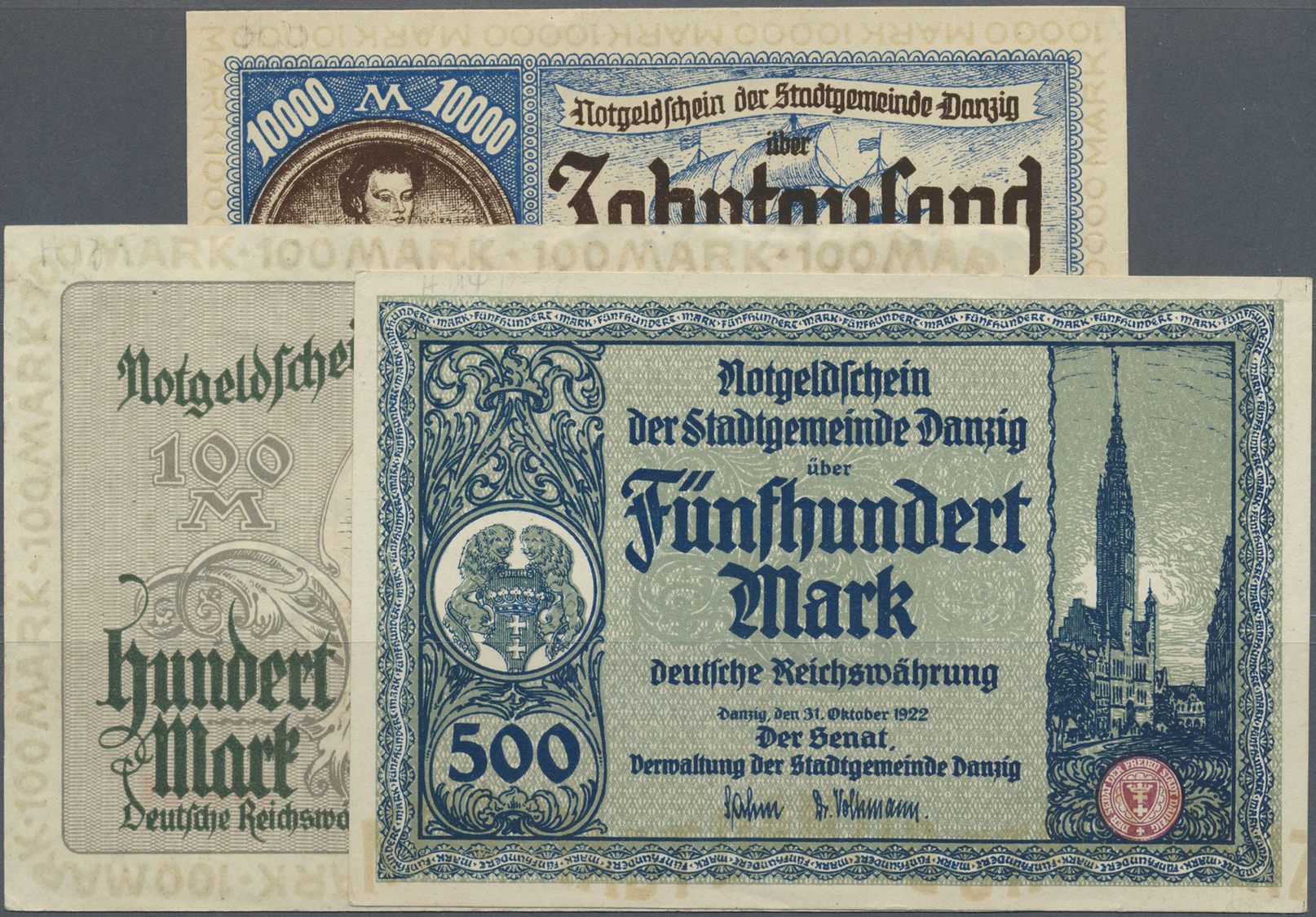 04074 Deutschland - Nebengebiete Deutsches Reich: Set Mit 3 Banknoten Danzig 100 Und 500 Mark 1922 Und 10.000 Mark 1923, - Autres & Non Classés