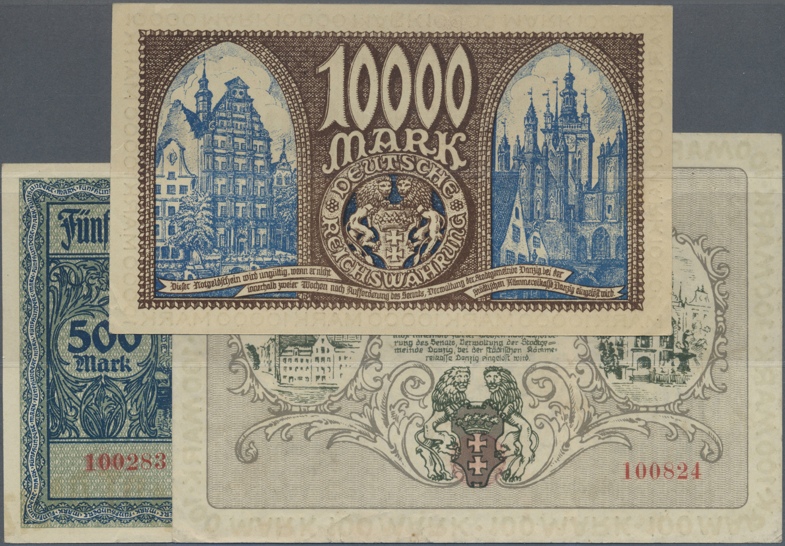 04074 Deutschland - Nebengebiete Deutsches Reich: Set Mit 3 Banknoten Danzig 100 Und 500 Mark 1922 Und 10.000 Mark 1923, - Autres & Non Classés