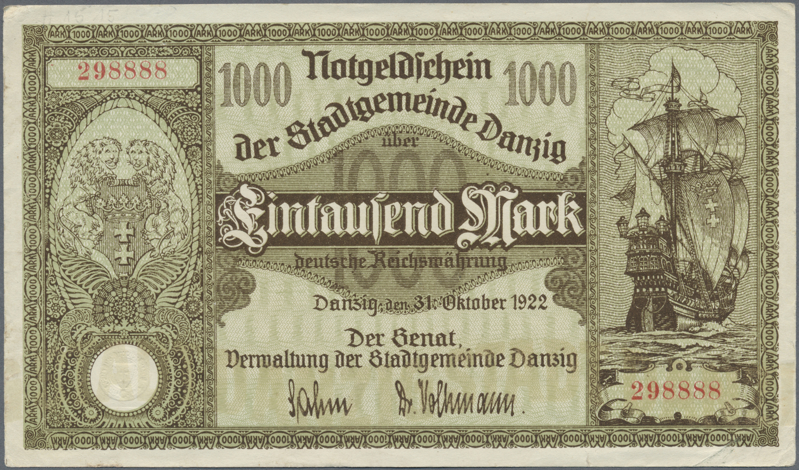 04075 Deutschland - Nebengebiete Deutsches Reich: 1000 Mark Notgeld Danzig 31. Oktober 1922, Ro.794 Mit Kleinem Einriss - Autres & Non Classés