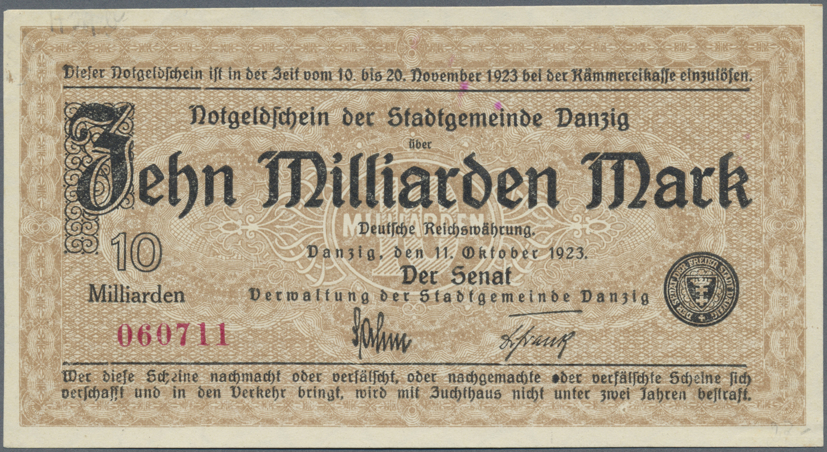 04079 Deutschland - Nebengebiete Deutsches Reich: 10 Milliarden Mark Danzig 1923, Ro.810b, Beschriftungen Am Rand Sonst - Autres & Non Classés