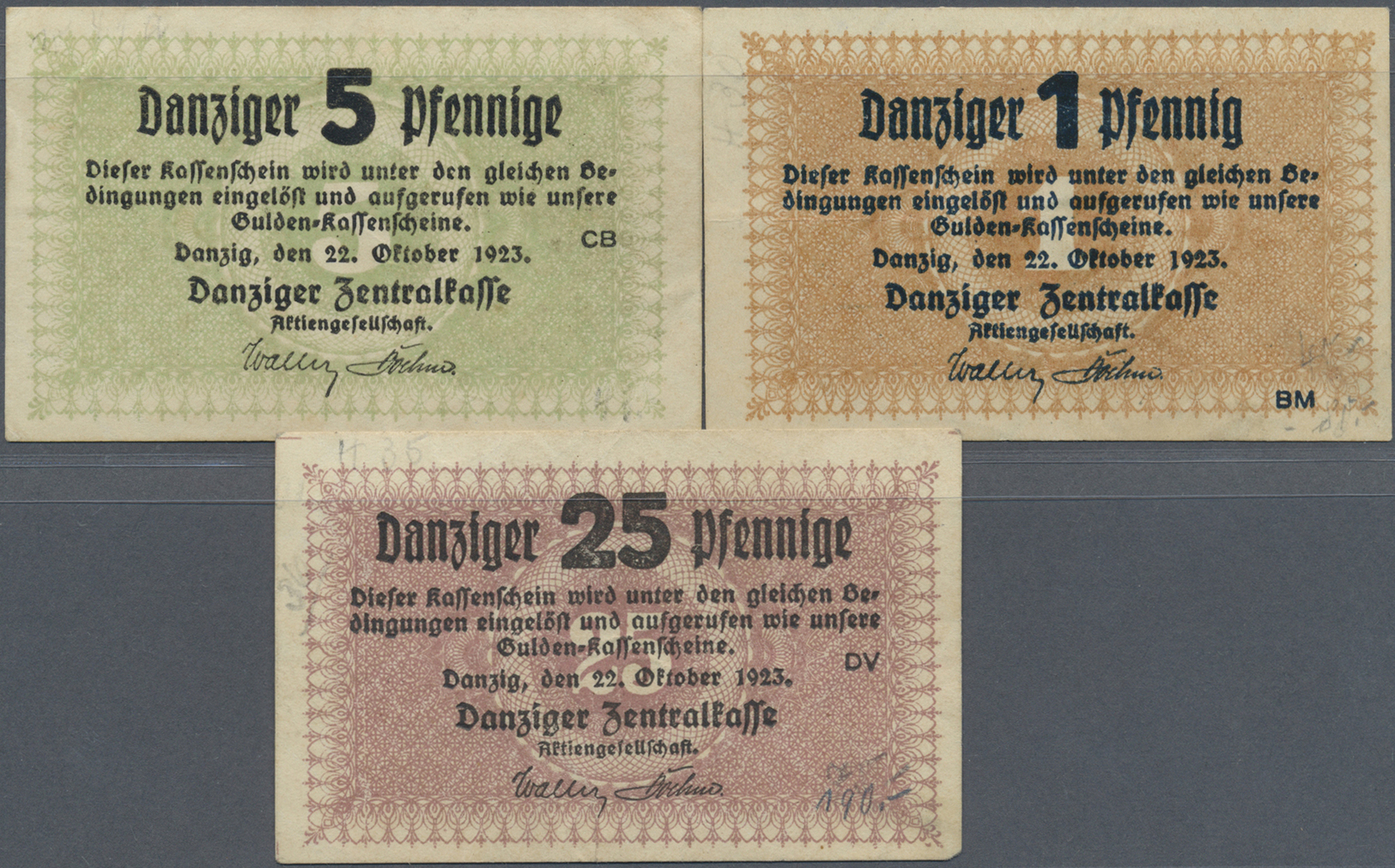 04080 Deutschland - Nebengebiete Deutsches Reich: Kleingeldscheine Danzig Zu 1, 5 Und 25 Pfennig 1923, Ro.811, 813, 815, - Autres & Non Classés