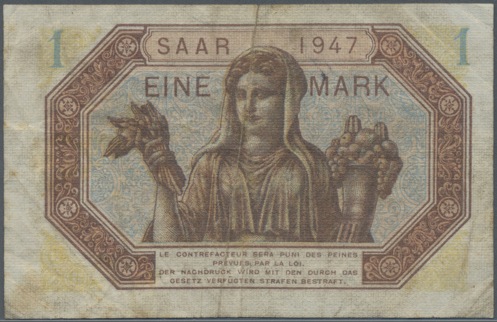 04086 Deutschland - Nebengebiete Deutsches Reich: Saar : 1 Mark 1947, Ro.867 In Gebrauchter Erhaltung Mit Flecken Und Di - Autres & Non Classés