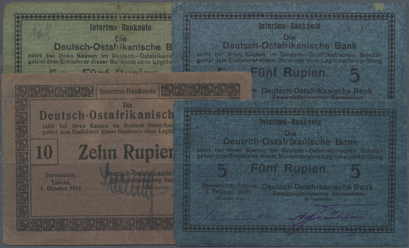 04088 Deutschland - Kolonien: Kleines Lot Mit 4 Noten 10 Rupien Oktober 1915, 2 X 5 Rupien November 1915 Und 5 Rupien Fe - Altri & Non Classificati