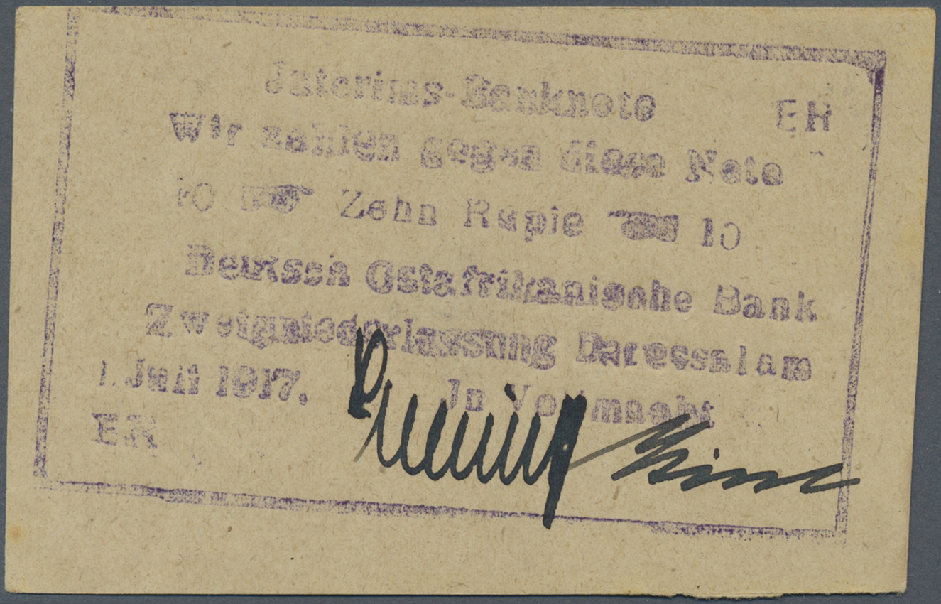04089 Deutschland - Kolonien: Deutsch-Ostafrikanische Bank, 10 Rupien 1917 Interimsnote, Ro.938, Pick 43, Eine Vertikale - Autres & Non Classés