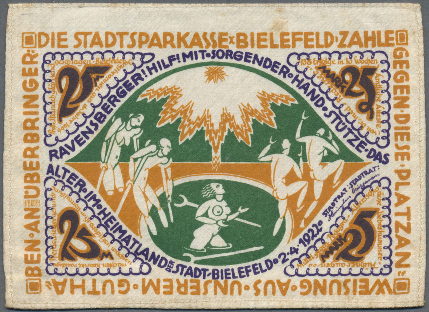 04094 Deutschland - Notgeld Besonderer Art: Bielefeld, 25 Mark, 2.4.1922, Seide, Druck Ocker Statt Orange, Ohne Rundstem - Autres & Non Classés