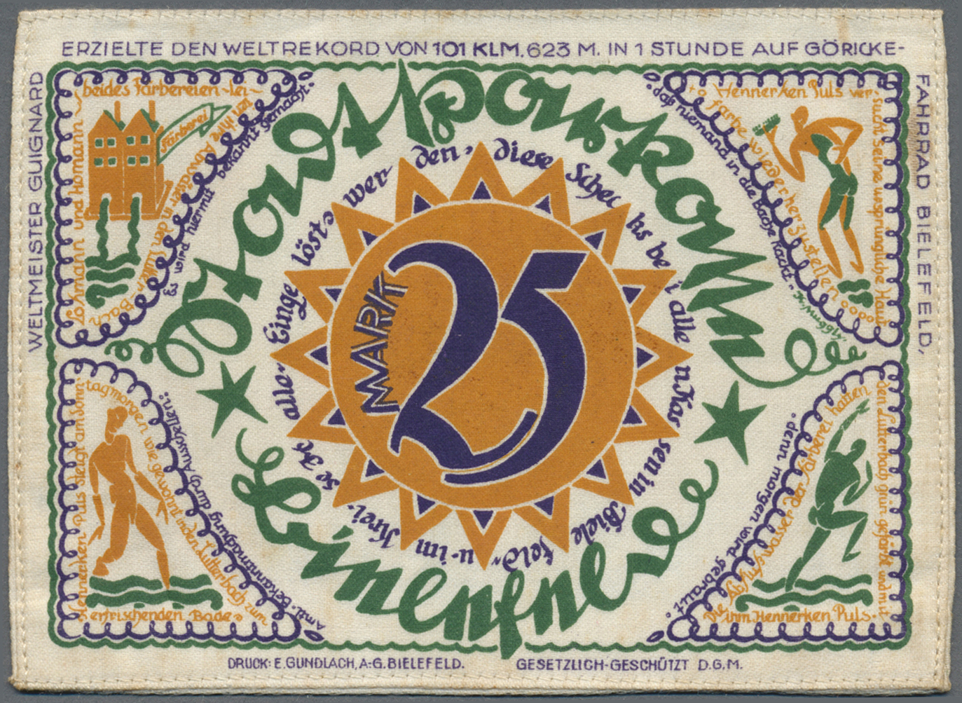 04094 Deutschland - Notgeld Besonderer Art: Bielefeld, 25 Mark, 2.4.1922, Seide, Druck Ocker Statt Orange, Ohne Rundstem - Autres & Non Classés