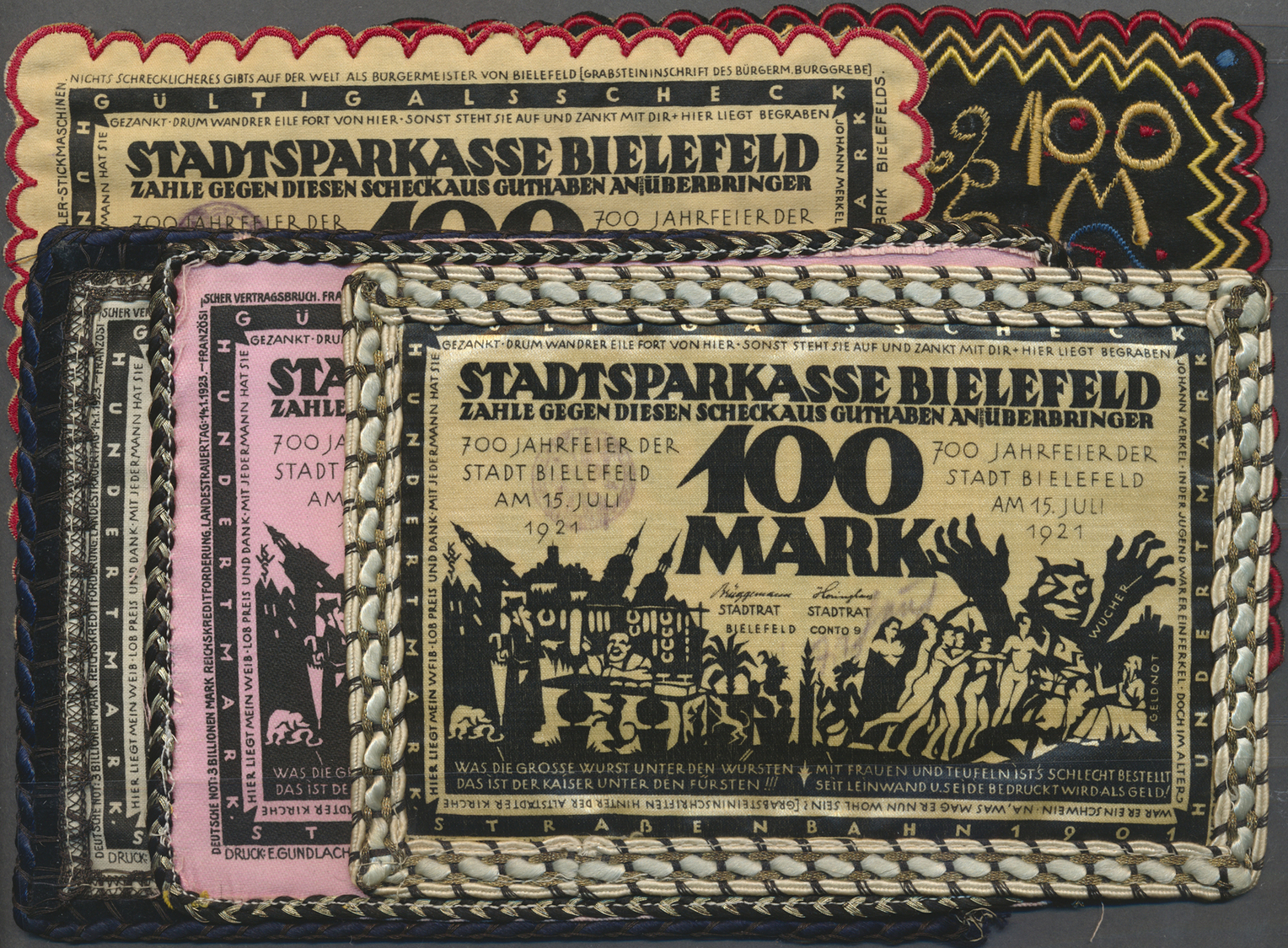 04095 Deutschland - Notgeld Besonderer Art: Bielefeld, 100 Mark, Seide, 15.7.1921, Fünf Scheine Mit # 27c Mit Borte, # 2 - Autres & Non Classés