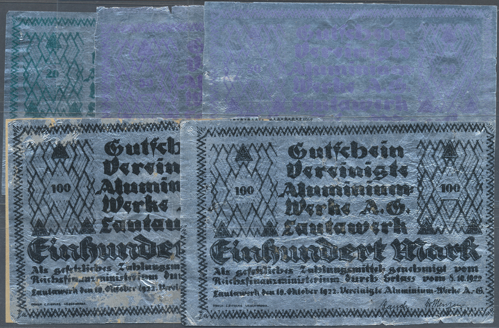 04100 Deutschland - Notgeld Besonderer Art: Lautawerk, Vereinigte Aluminiumwerke AG, 20, 2 X 50, 2 X 100 Mark, 10.10.192 - Autres & Non Classés