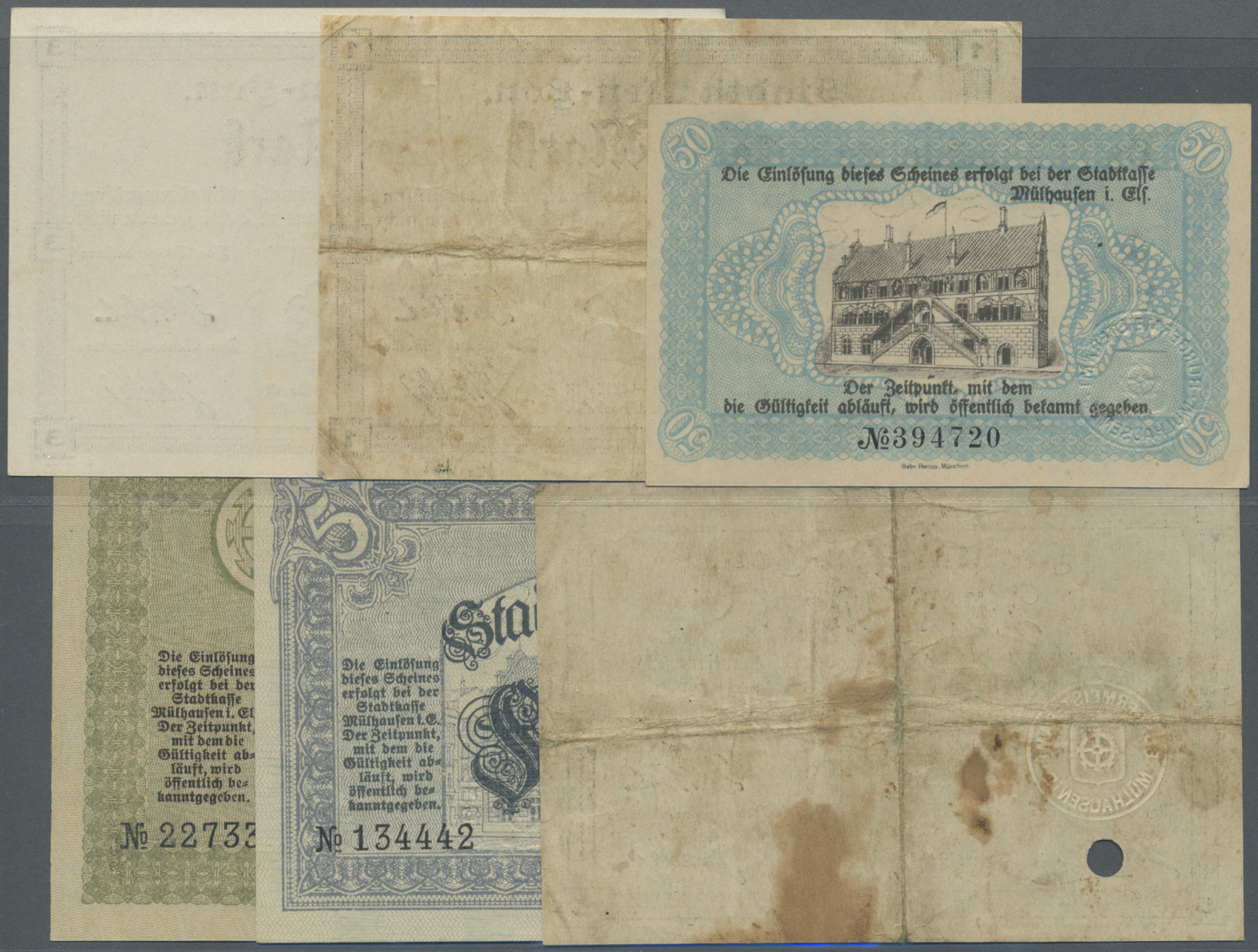 04106 Deutschland - Briefmarkennotgeld: ELSASS: 1914/18 Mühlhausen, 1. Serie Von 1914mit 5 Scheinen 50 Pfg. Bis 5 Mk., T - Autres & Non Classés