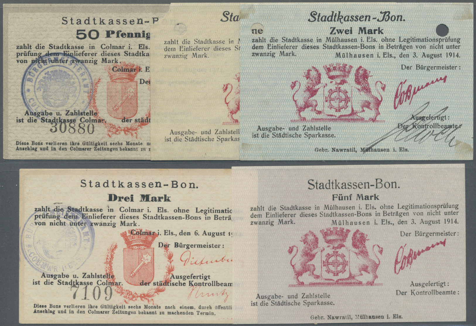 04106 Deutschland - Briefmarkennotgeld: ELSASS: 1914/18 Mühlhausen, 1. Serie Von 1914mit 5 Scheinen 50 Pfg. Bis 5 Mk., T - Autres & Non Classés