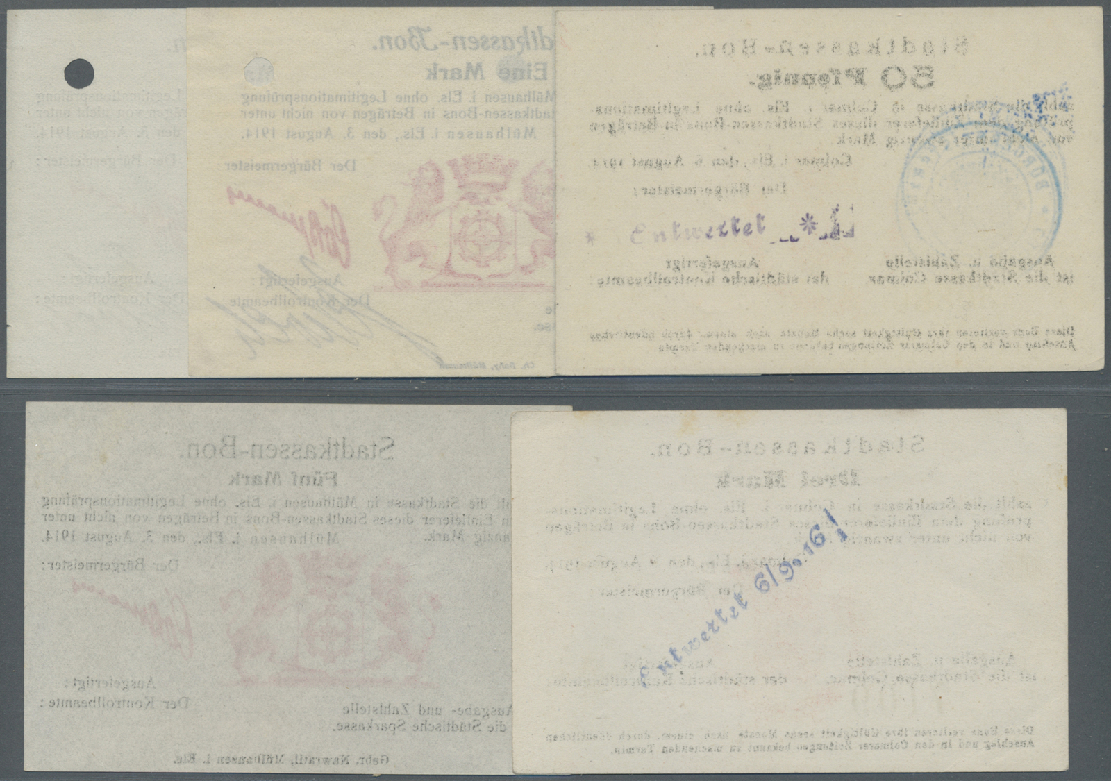 04106 Deutschland - Briefmarkennotgeld: ELSASS: 1914/18 Mühlhausen, 1. Serie Von 1914mit 5 Scheinen 50 Pfg. Bis 5 Mk., T - Autres & Non Classés