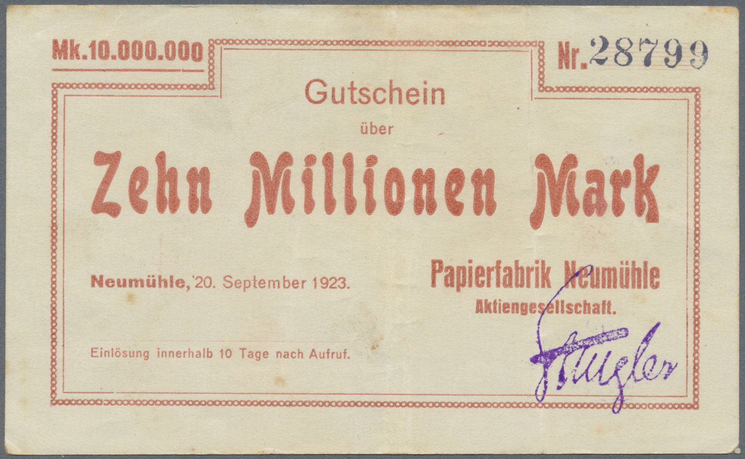 04126 Deutschland - Notgeld - Bayern: Neumühle, Papierfabrik Neumühle AG, 10 Mio. Mark, 20.9.1923, Erh. III - [11] Emissions Locales