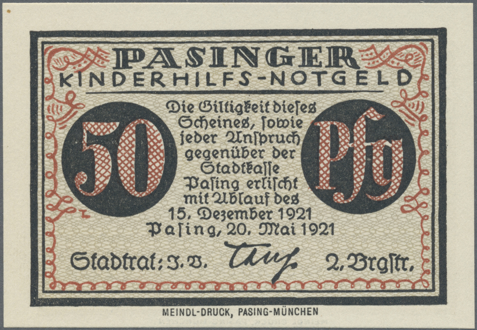 04128 Deutschland - Notgeld - Bayern: Pasing, Stadt, Kinderhilfs-Notgeld, Vs. 50 Pf., Rs. 1 Mark, 20.5.1921, Druckprobe, - [11] Local Banknote Issues