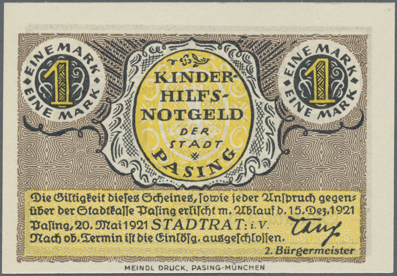 04128 Deutschland - Notgeld - Bayern: Pasing, Stadt, Kinderhilfs-Notgeld, Vs. 50 Pf., Rs. 1 Mark, 20.5.1921, Druckprobe, - [11] Emissions Locales