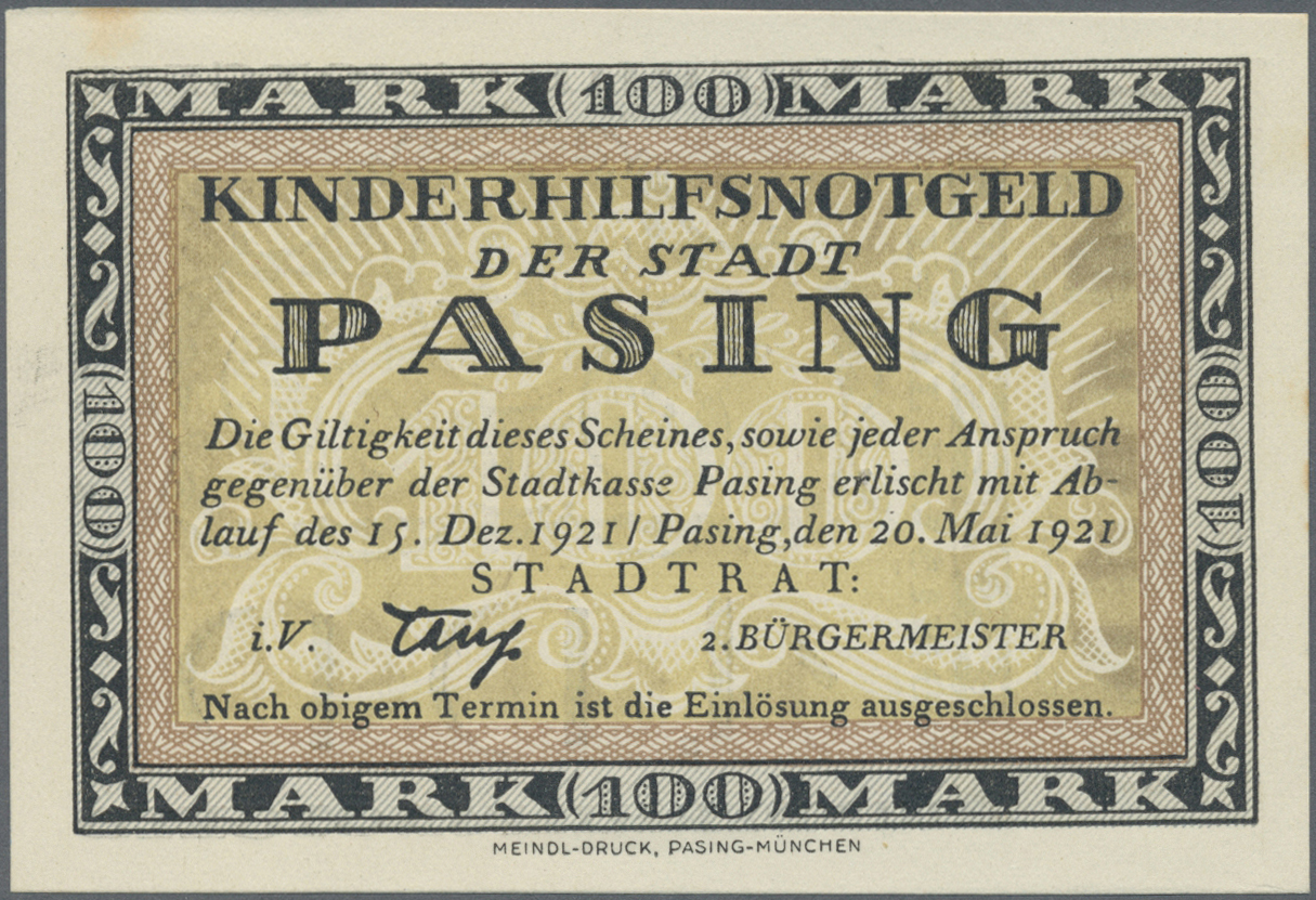 04129 Deutschland - Notgeld - Bayern: Pasing, Stadt, Kinderhilfs-Notgeld, 100 Mark, 20.5.1921, Erh. I- - [11] Emissions Locales