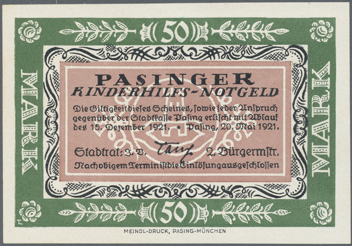 04130 Deutschland - Notgeld - Bayern: Pasing, Stadt, Kinderhilfs-Notgeld, 50 Mark, 20.5.1921, Weißes Kunstdruckpapier, E - [11] Emissions Locales