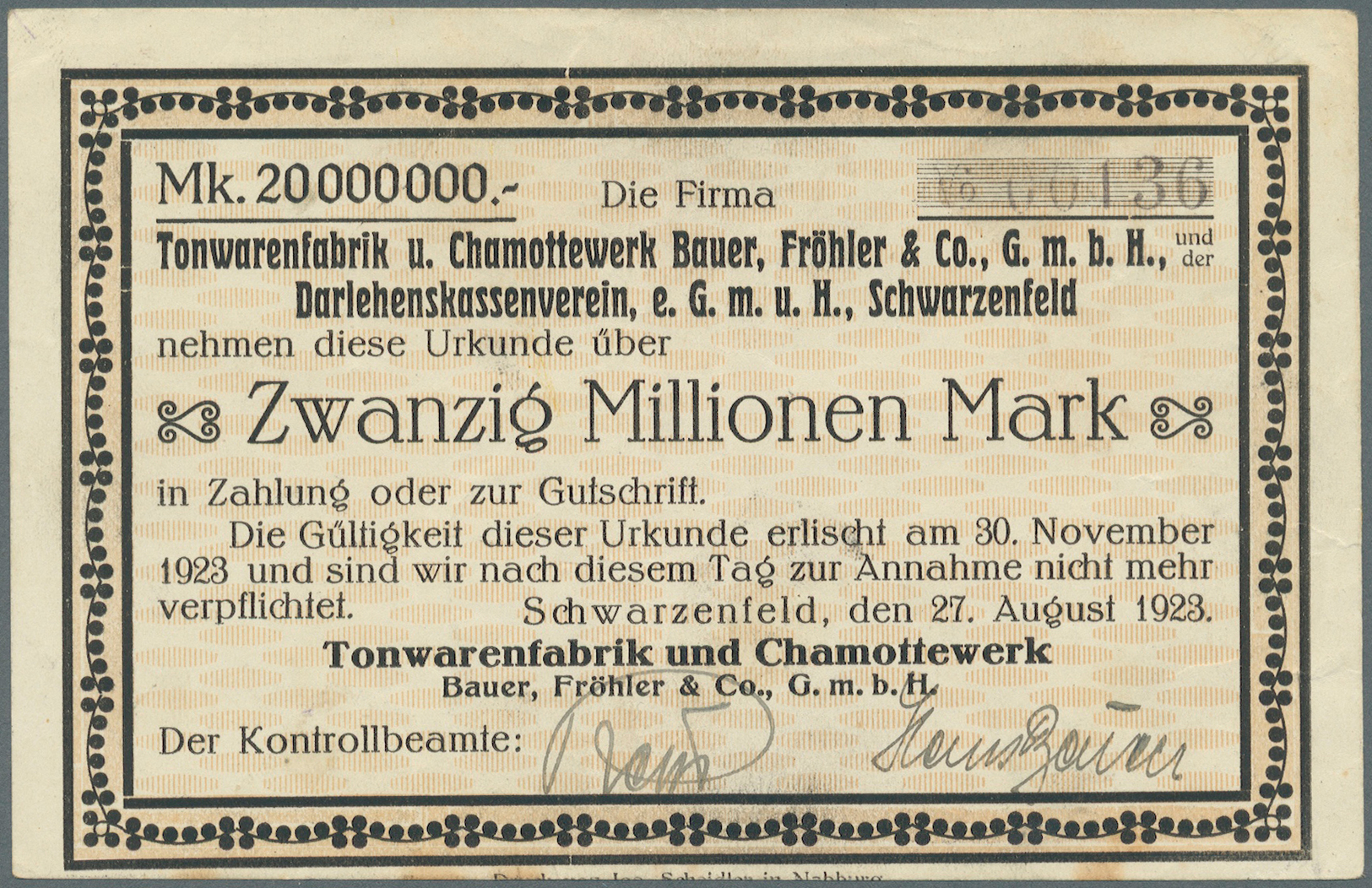 04131 Deutschland - Notgeld - Bayern: Schwarzenfeld, Tonwarenfabrik und Chamottewerk, 1 Mio., 2 Mio., 5 Mio., 10 Mio., 2