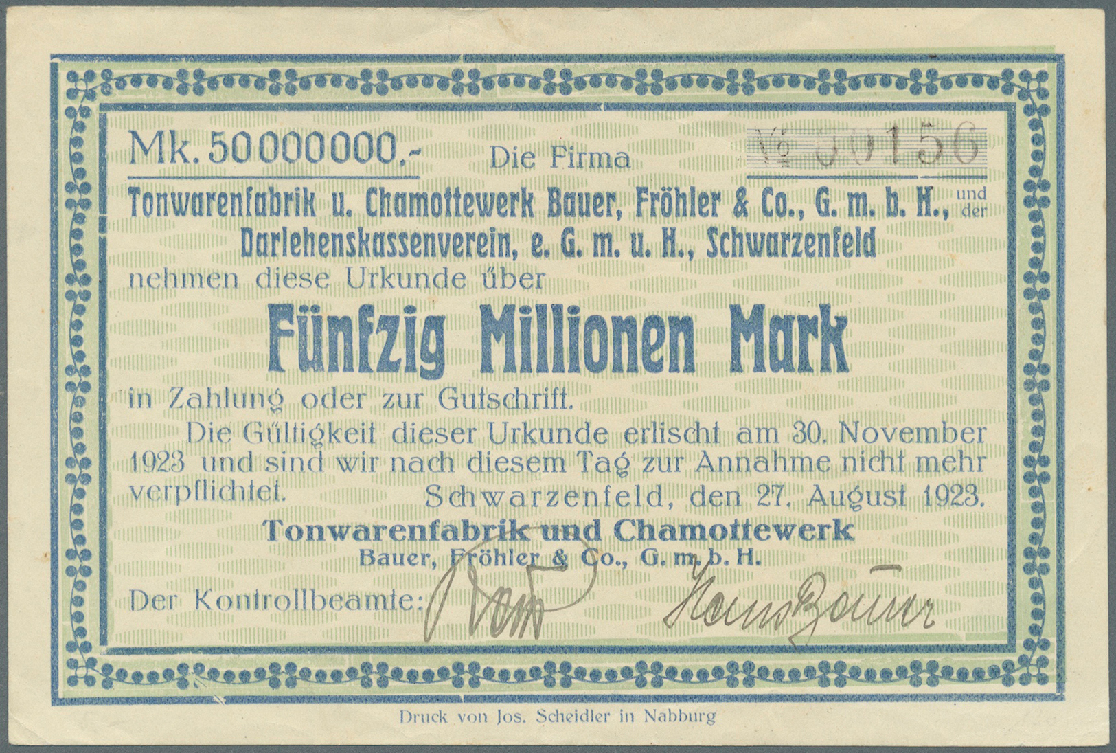 04131 Deutschland - Notgeld - Bayern: Schwarzenfeld, Tonwarenfabrik und Chamottewerk, 1 Mio., 2 Mio., 5 Mio., 10 Mio., 2