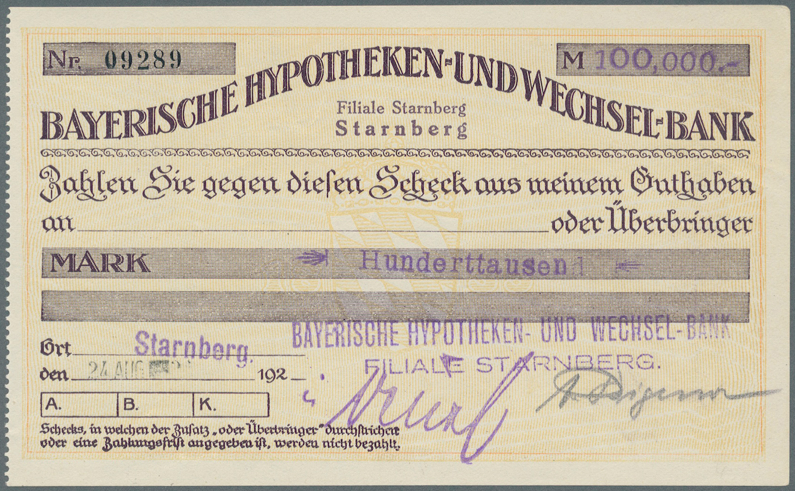 04132 Deutschland - Notgeld - Bayern: Starnberg, Bayerische Hypotheken- Und Wechselbank, 100 Tsd. Mark, 24.8.1923, Eigen - [11] Emissions Locales