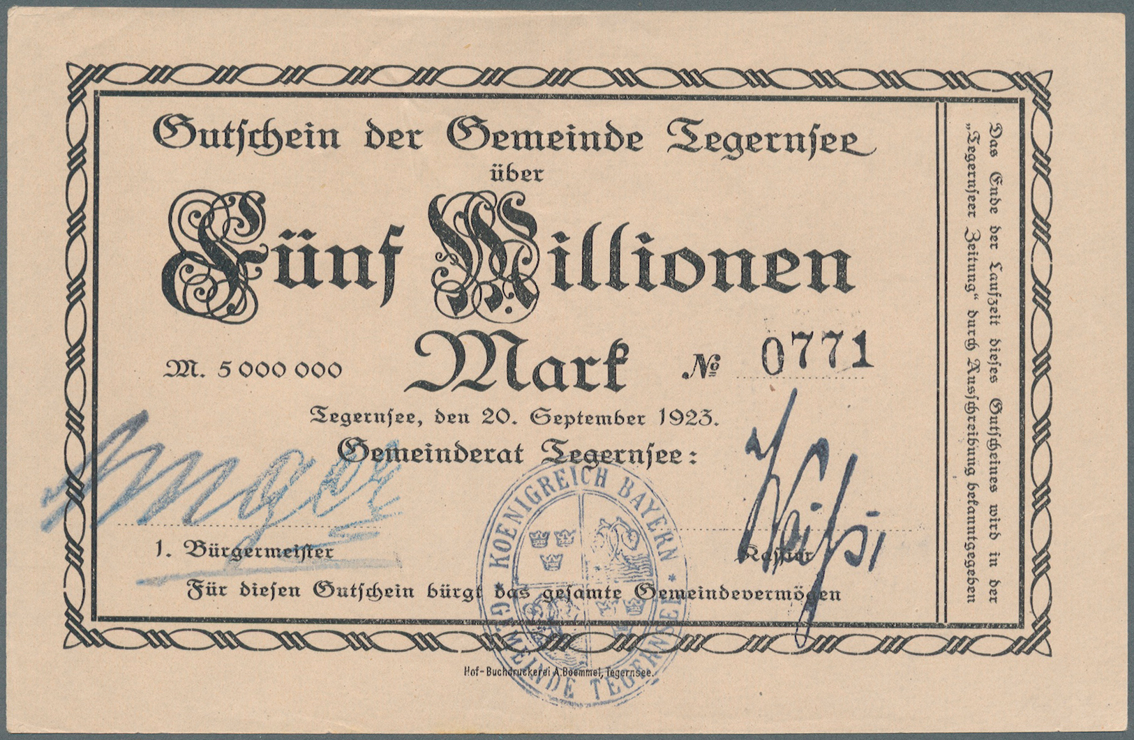 04133 Deutschland - Notgeld - Bayern: Tegernsee, Gemeinde, 5 Mio., 10 Mio. Mark, 20.9.1923, Erh. I / II, 2 Scheine - [11] Emissions Locales