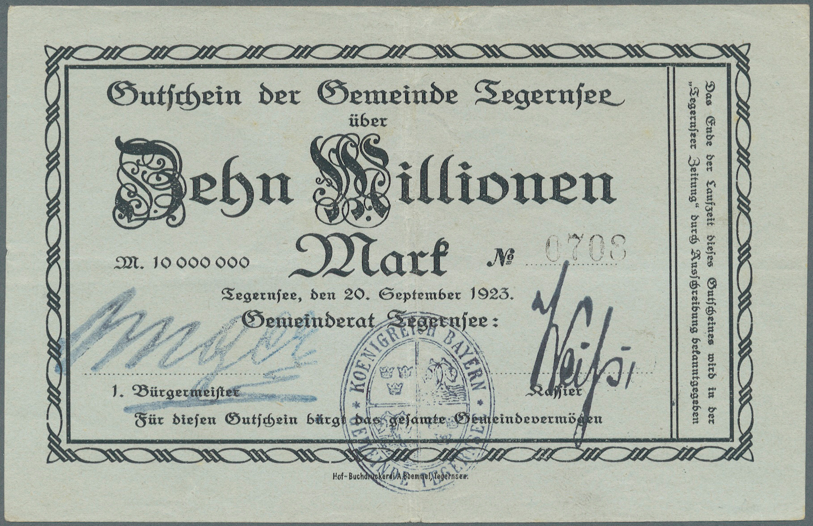 04133 Deutschland - Notgeld - Bayern: Tegernsee, Gemeinde, 5 Mio., 10 Mio. Mark, 20.9.1923, Erh. I / II, 2 Scheine - [11] Emissions Locales