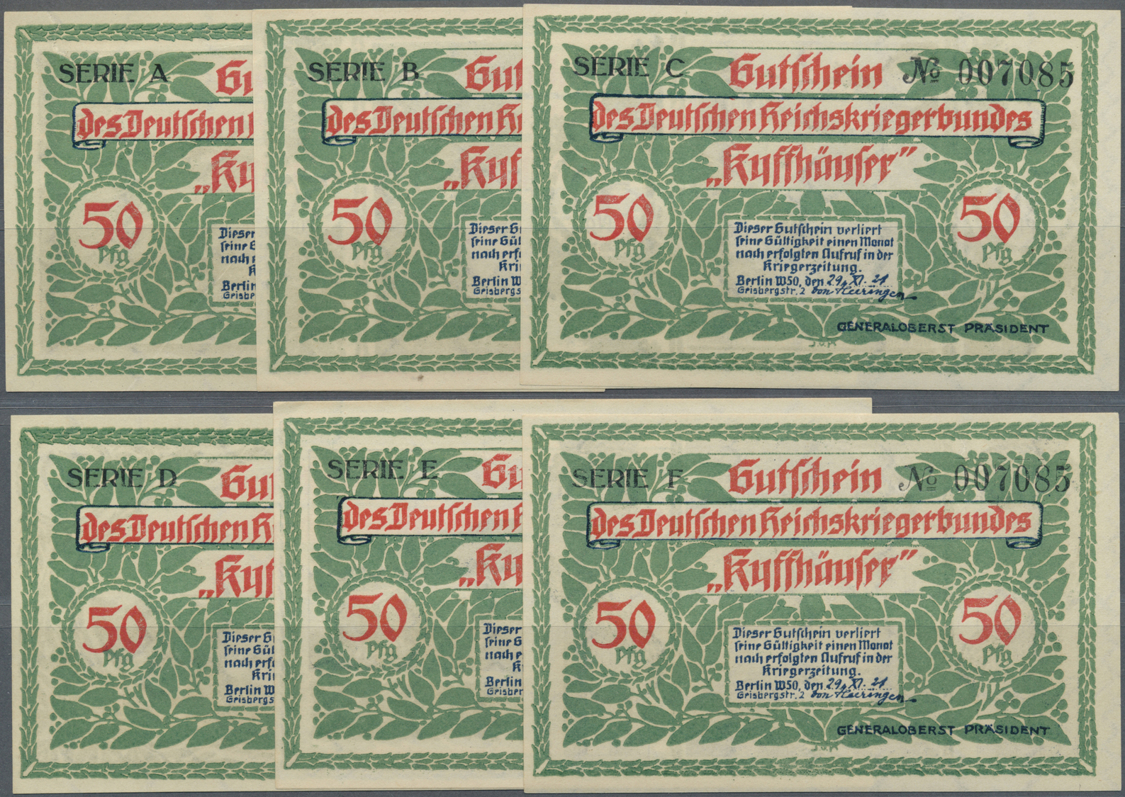 04137 Deutschland - Notgeld - Berlin Und Brandenburg: Berlin, Reichskriegerbund "Kyffhäuser", 6 X 50 Pf., 29.11.1921, Wz - [11] Emissions Locales