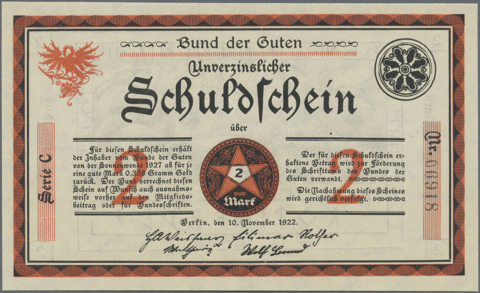 04139 Deutschland - Notgeld - Berlin Und Brandenburg: Berlin, Bund Der Guten, 2 Mark, 10.11.1922, "Unverzinzlicher Schul - [11] Emissions Locales
