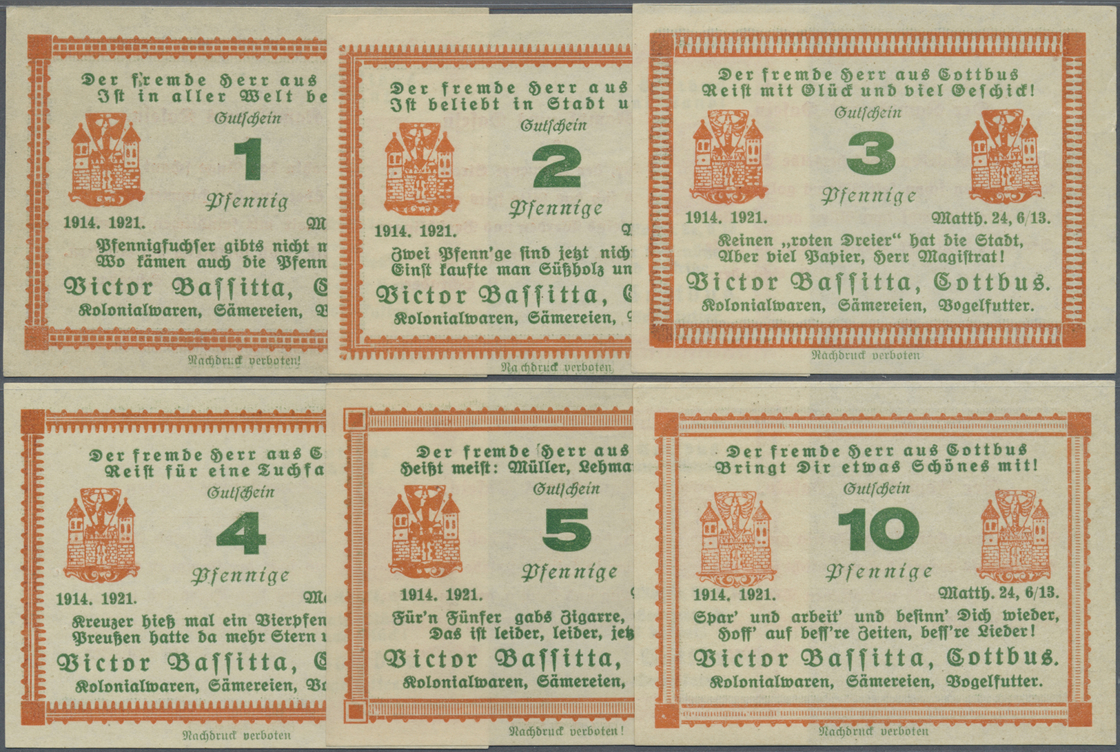 04142 Deutschland - Notgeld - Berlin Und Brandenburg: Cottbus, Victor Bassitta, 1, 2, 3, 4, 5, 10 Pf., 1921, 1 Und 5 Pf. - [11] Emissions Locales