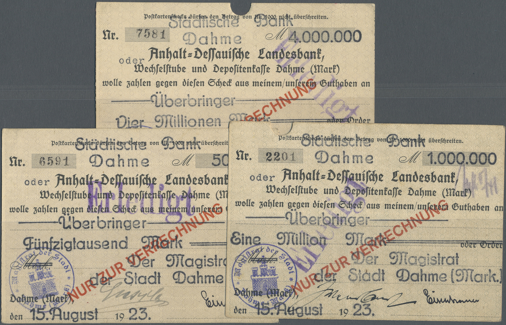 04143 Deutschland - Notgeld - Berlin Und Brandenburg: Dahme, Magistrat, 50 Tsd., 1 Mio. Mark, 15.8.1923; 4 Mio. Mark, 22 - [11] Emissions Locales