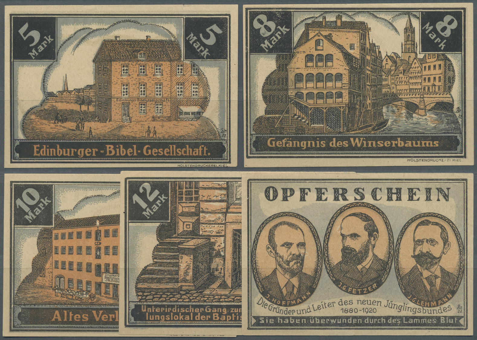 04153 Deutschland - Notgeld - Hamburg: Hamburg, Baptistengemeinde, 5, 8, 10, 12, 15 Mark, O. D. (1922), Opferscheine; Er - [11] Emissions Locales