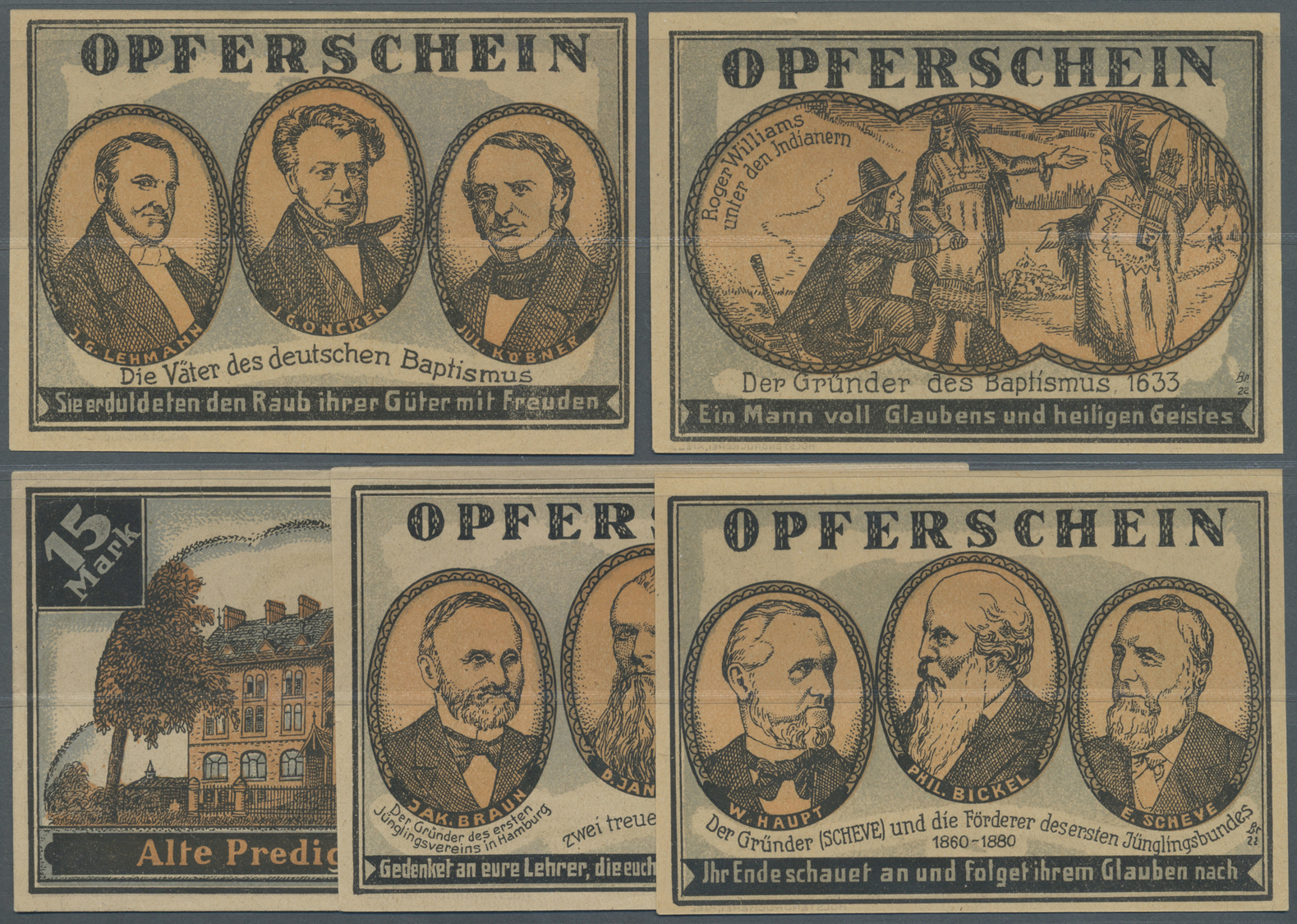 04153 Deutschland - Notgeld - Hamburg: Hamburg, Baptistengemeinde, 5, 8, 10, 12, 15 Mark, O. D. (1922), Opferscheine; Er - [11] Emissions Locales