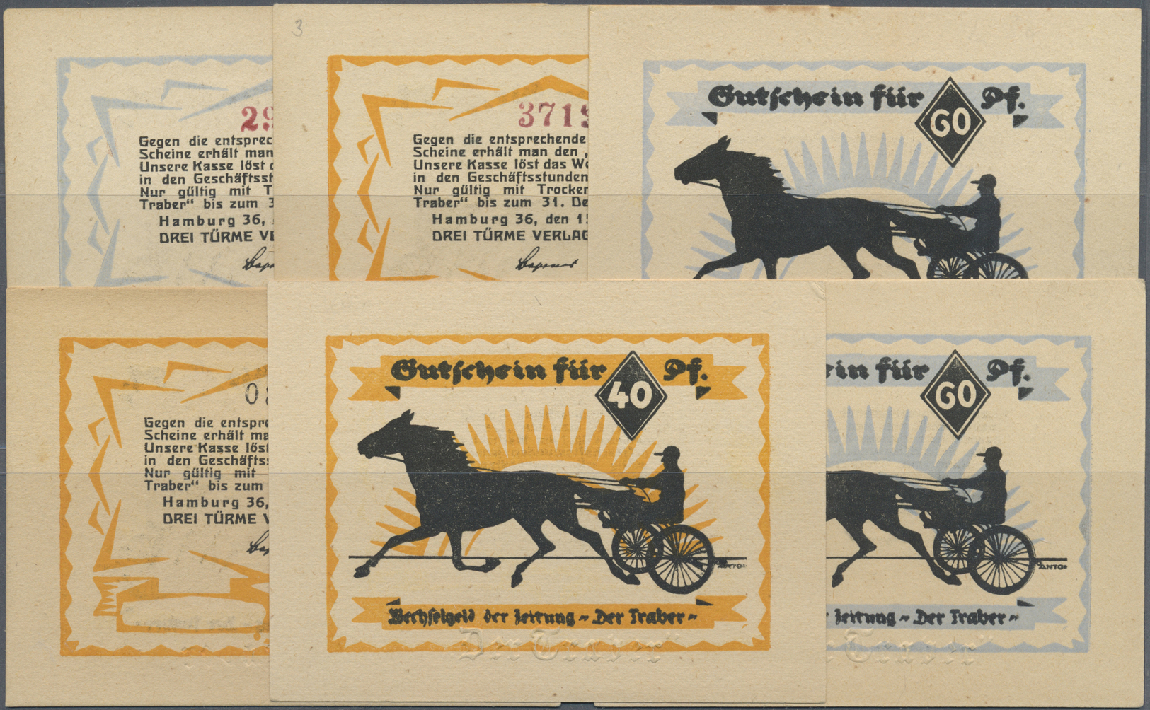 04154 Deutschland - Notgeld - Hamburg: Hamburg, Drei-Türme-Verlag "Der Traber", Je 3 X 40, 60 Pf., 15.5.1921, Jeweils Mi - [11] Emissions Locales