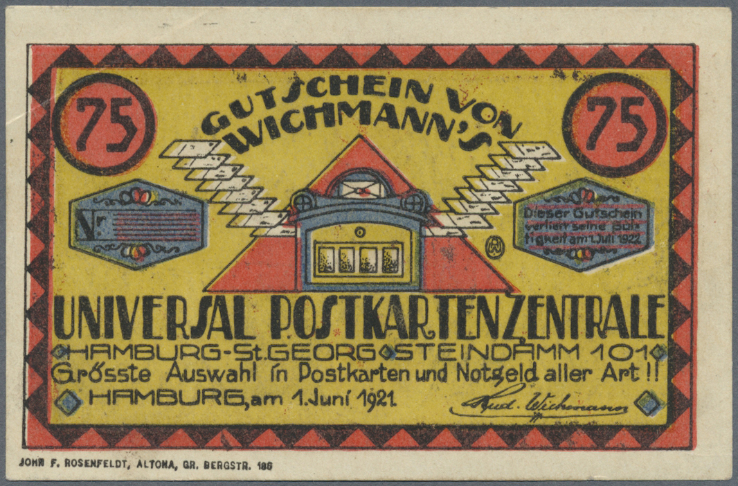 04161 Deutschland - Notgeld - Hamburg: Hamburg, Wichmann's Universal Postkartenzentrale, 75 Pf., 1.6.1921 - 1.7.1922, Er - [11] Emissions Locales