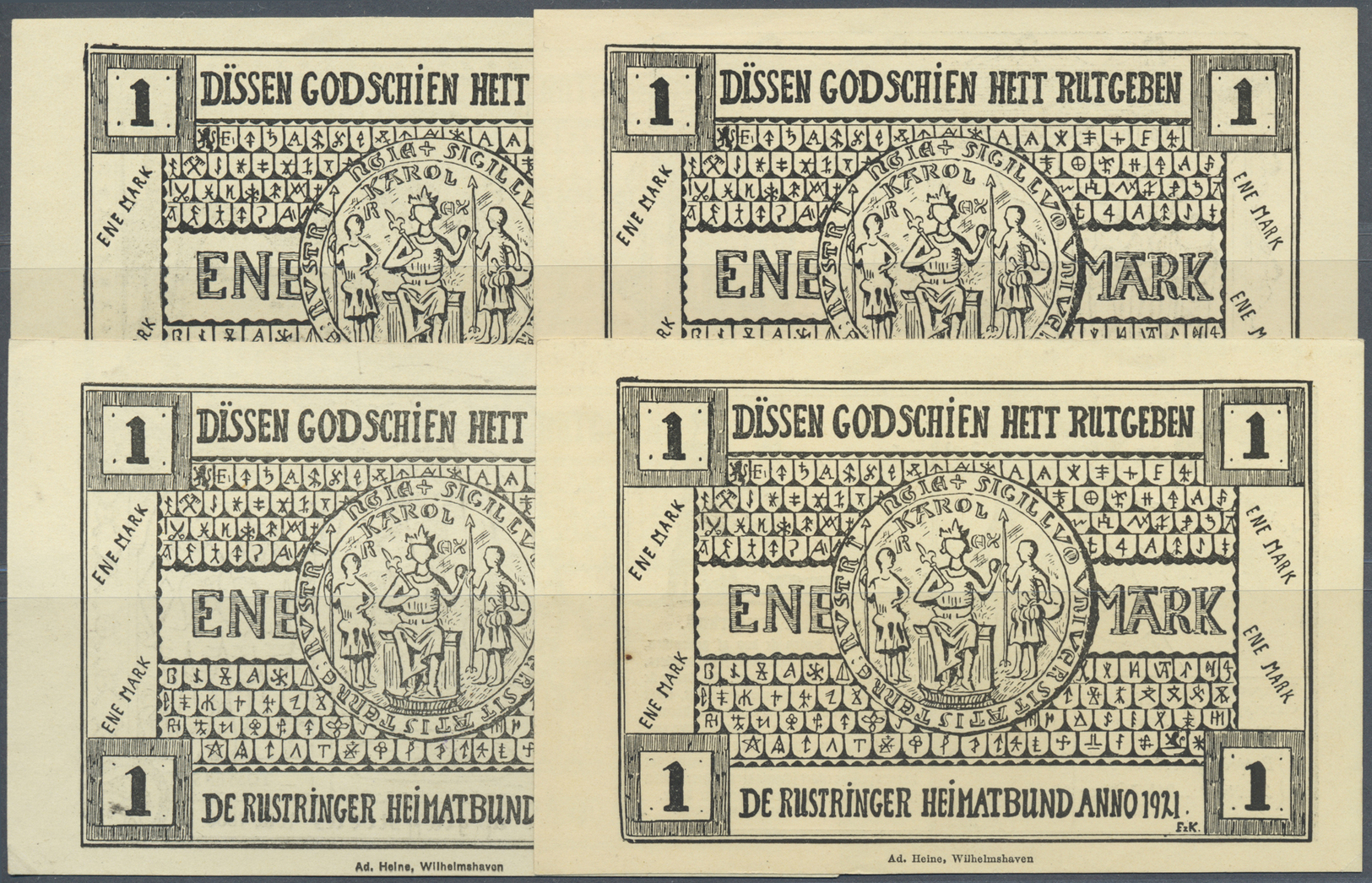 04173 Deutschland - Notgeld - Niedersachsen: Rüstringen, Rüstringer Heimatbund, 4 X 1 Mark, 1921, Jeweils Ohne Punkt Nac - [11] Emissions Locales