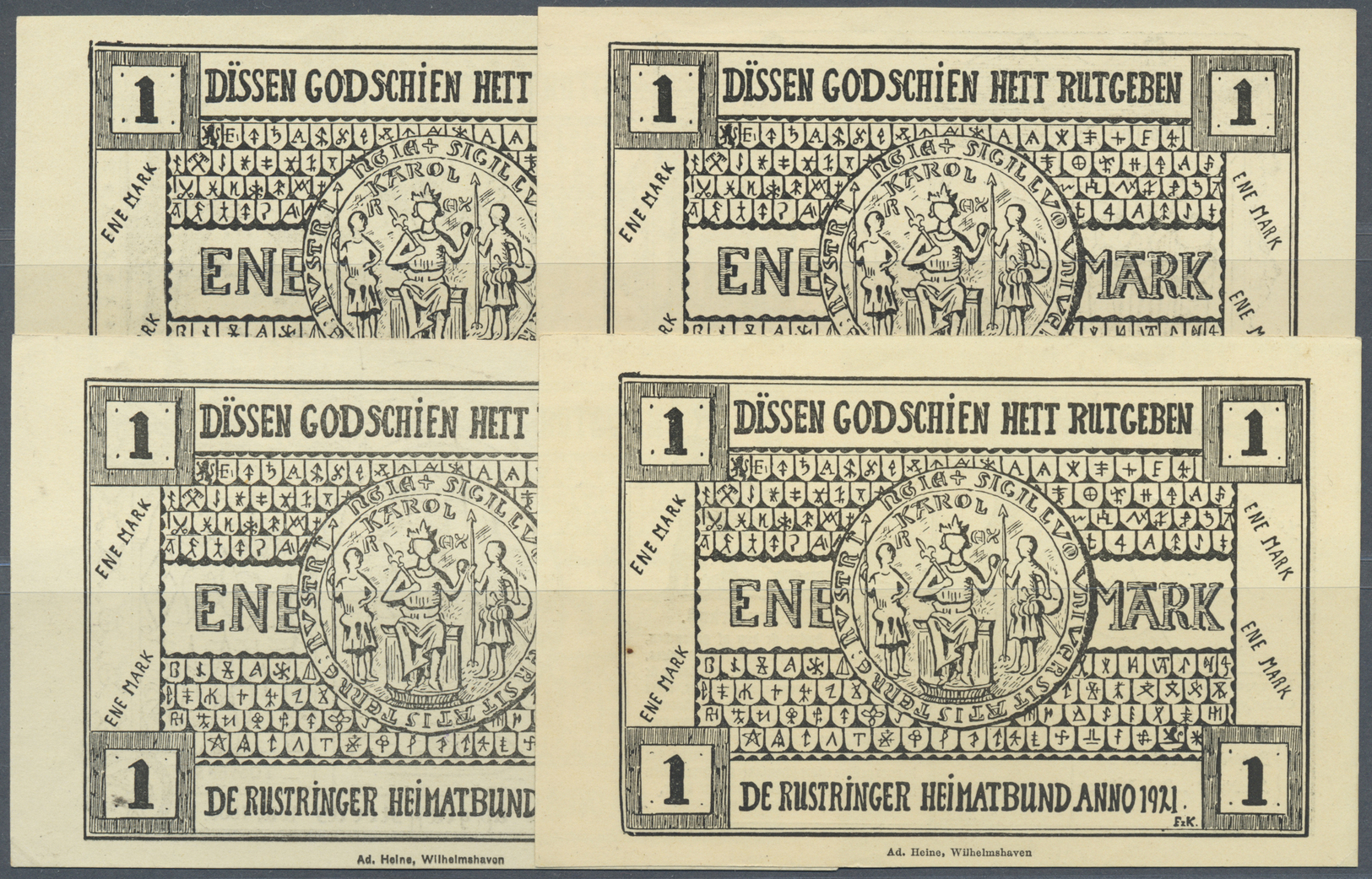 04173 Deutschland - Notgeld - Niedersachsen: Rüstringen, Rüstringer Heimatbund, 4 X 1 Mark, 1921, Jeweils Ohne Punkt Nac - [11] Local Banknote Issues