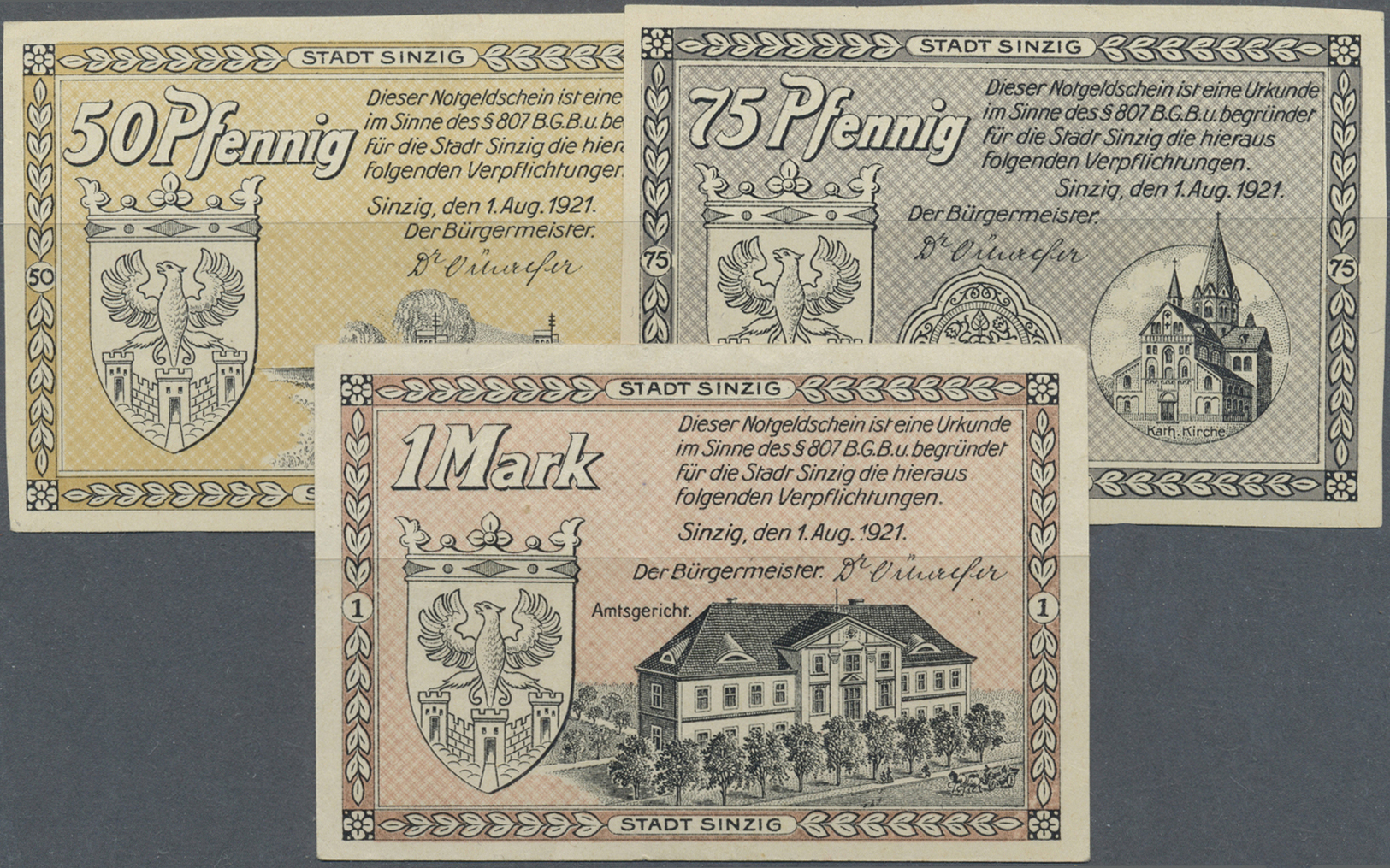 04190 Deutschland - Notgeld - Rheinland: Sinzig, Stadt, 50, 75 Pf., 1 Mark, 1.8.1921, Erh. II, Total 3 Scheine - [11] Emissions Locales