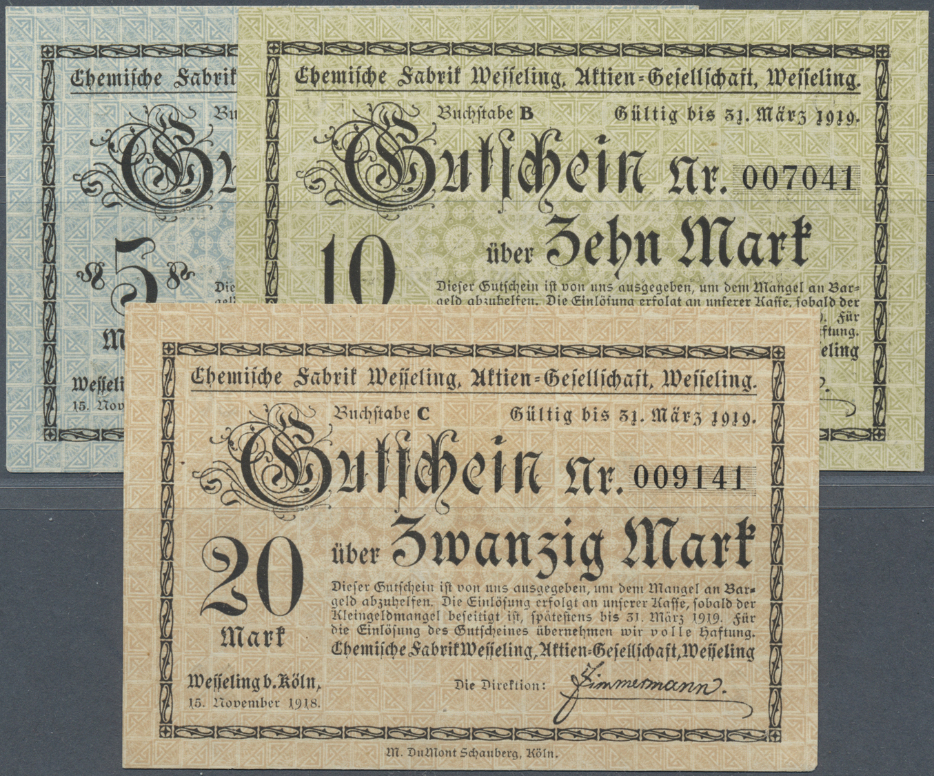 04192 Deutschland - Notgeld - Rheinland: Wesseling, Chemische Fabrik, 5, 10, 20 Mark, 15.11.1918, Mit KN, Unentwertet, E - [11] Emissions Locales