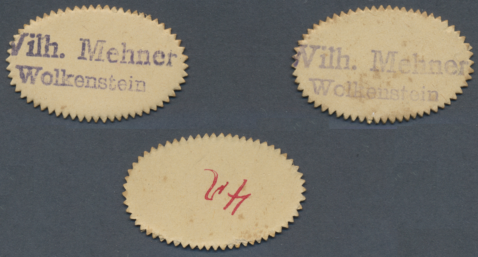 04195 Deutschland - Notgeld - Sachsen: Wolkenstein, Wilh. Mehner, 1, 2, 4 Pf., O. D., Ovale Kartonmarken Mit Vs. Zweizei - [11] Emissions Locales