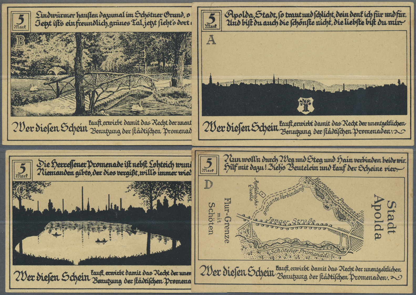 04227 Deutschland - Notgeld - Thüringen: Apolda, Verschönerungsverein, 4 X 5 Mark, O. D., Spendenscheine, Erh. II, Total - [11] Emissions Locales