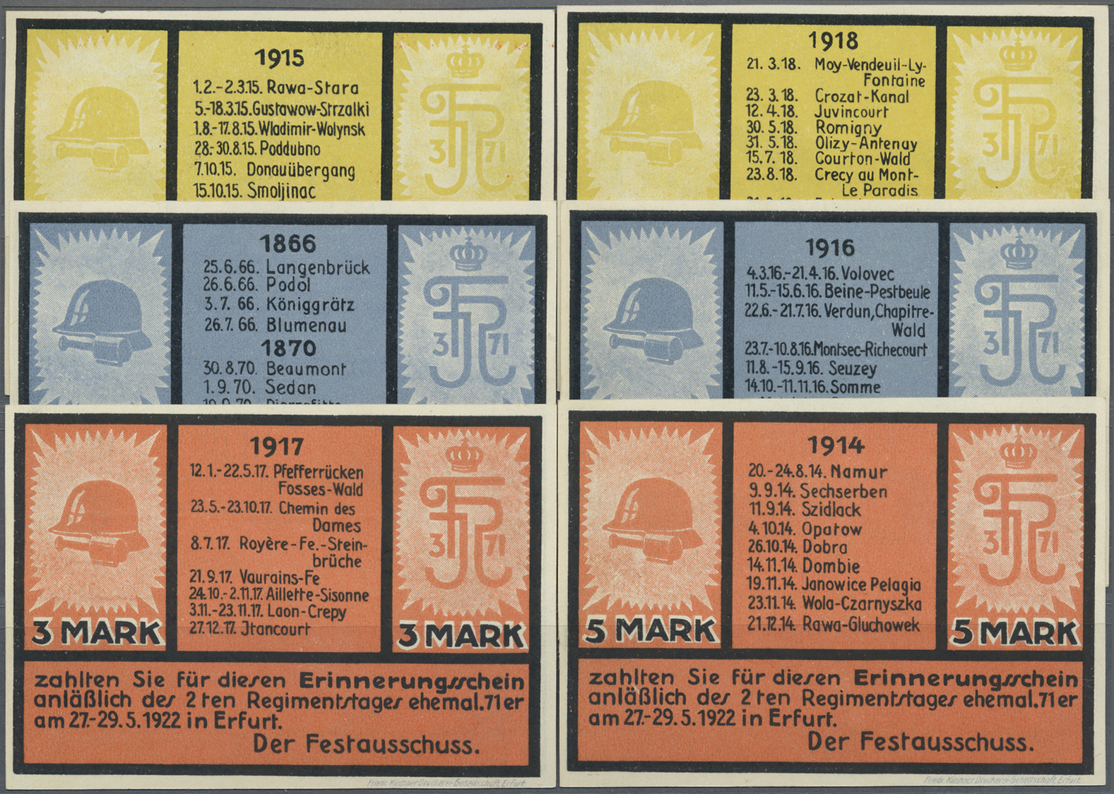 04228 Deutschland - Notgeld - Thüringen: Erfurt, 2. Regimentstag Ehemaliger 71er, 5 X 3, 5 Mark, 27.-29.5.1922, Erh. I, - [11] Emissions Locales